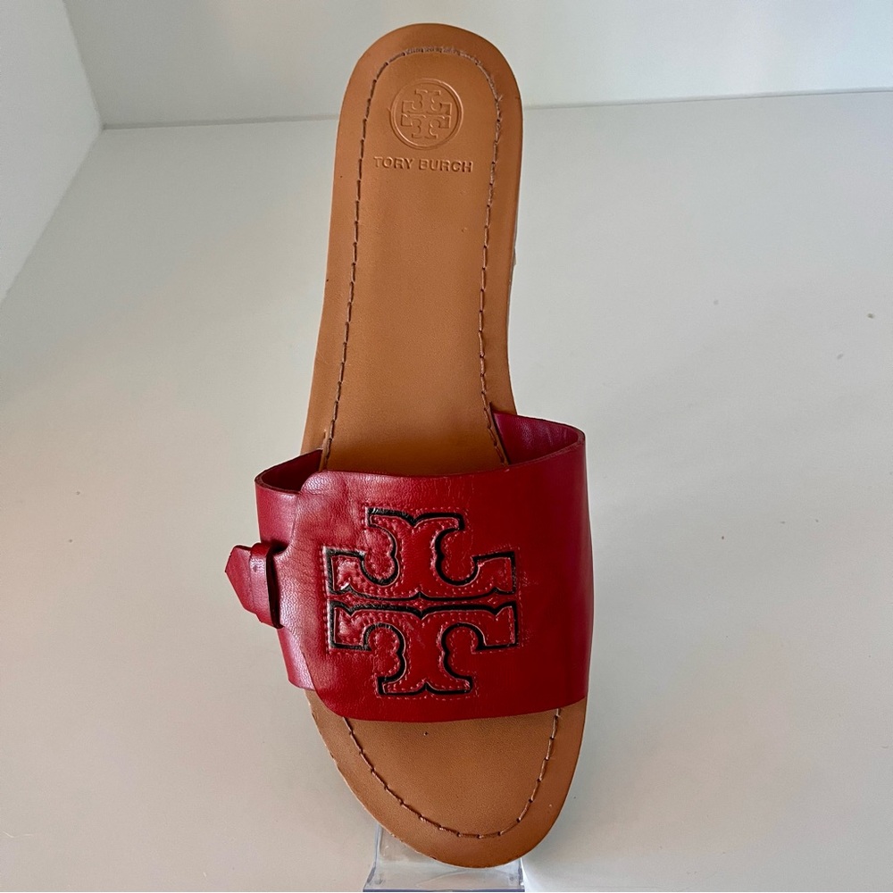 Tory Burch Ines Brilliant Red Leather Slide Sandals Size 38 Excellent Condition - Picture 2 of 8